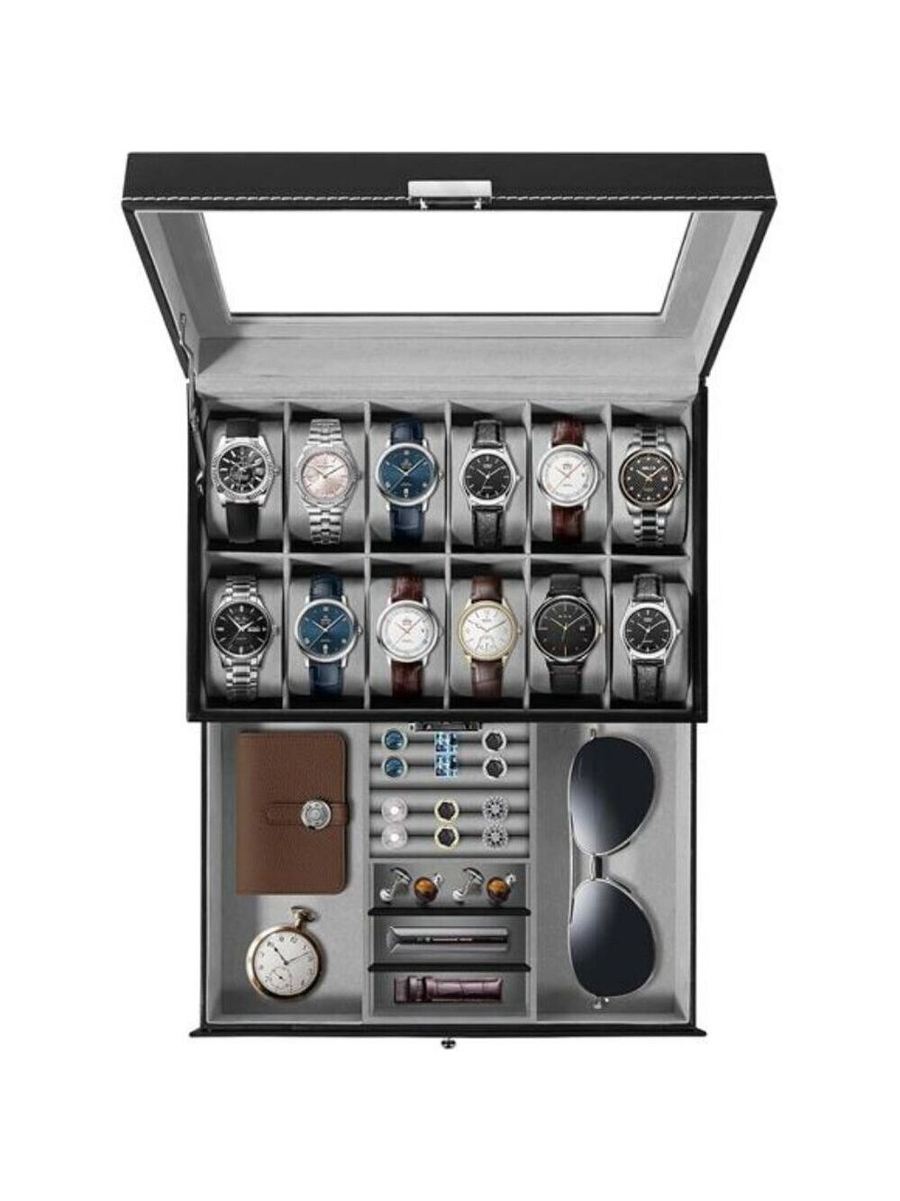Watch box organizer with jewelry drawer 12 slot PU leather display case